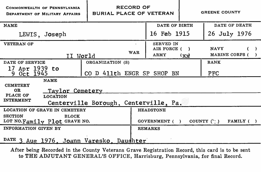 veteran burial card